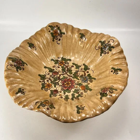 Vtg Cerbella Gubbio Ceramic Stoneware Pedestal Scalloped Fruit Bowl Floral Italy